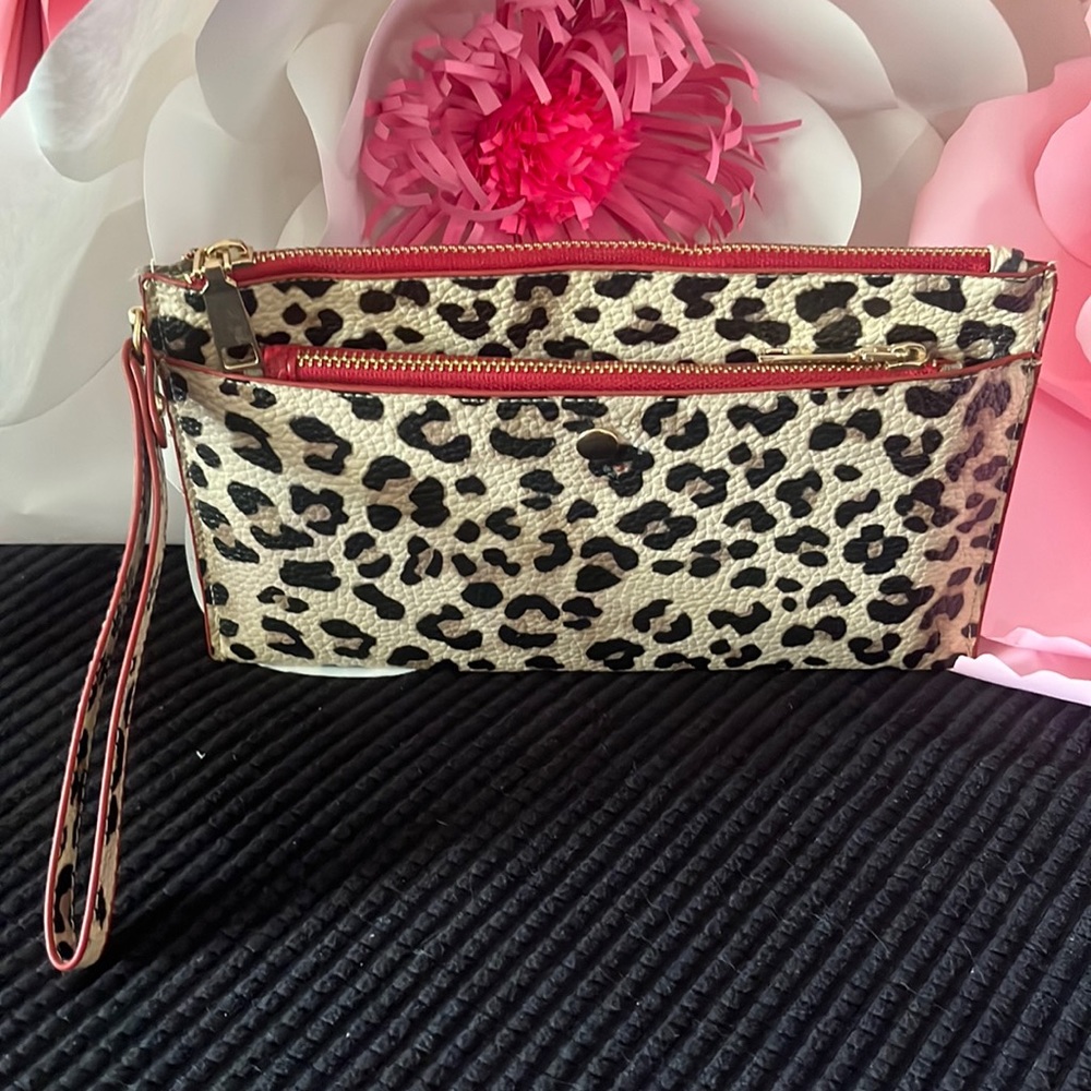 New.  Red and Leopard Vegan  Clutch with extra Red zippered wristlet.